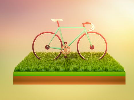isometric green bicycle on green grass, abstract background, isometric background