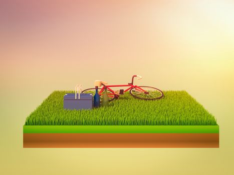 isometric green bicycle on green grass, abstract background, isometric background