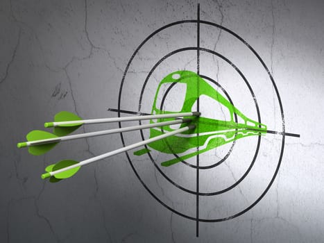Success vacation concept: arrows hitting the center of Green Train target on wall background