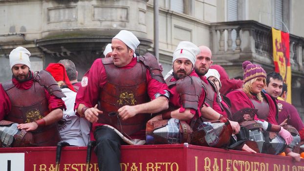 ITALY, Ivrea: People gathered in the town of Ivrea, Italy for the 'Battle of Oranges' on February 7, 2016.An estimated 7,000 people turned out to pelt each other at the historic festival. 70 people were injured by the flying fruit.