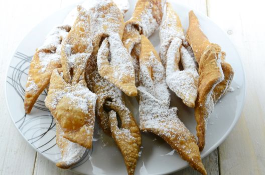 Chrust (faworek) funnel cake - Polish fried cookie (a kind of cracknels) with powdered sugar.
