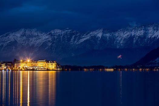 Lake Zell with Grand Hotel after sunset, Alps, Austria