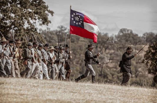 Confederate troops march towards the Union Army during a Civil War reenactment in Anderson, California.
Photo taken on: September 27th, 2014