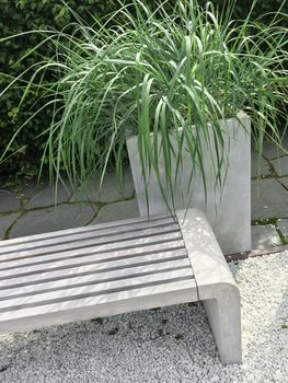 Detail of a garden with decorative grass and bench. Contemporary design.