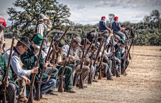 Confederate troops prepare to fire  on the Union Army during a Civil War reenactment in Anderson, California.
Photo taken on: September 27th, 2014