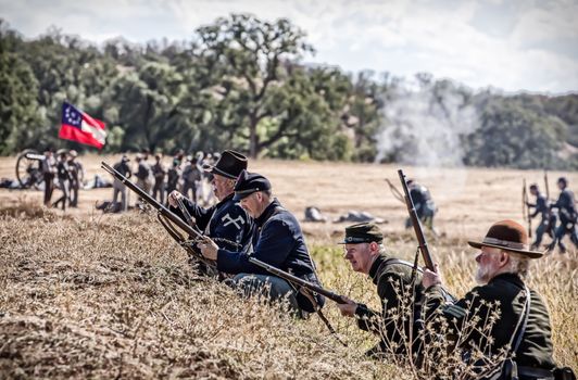 Union sharpshooters look for targets during a Civil War reenactment in Anderson, California.
Photo taken on: September 27th, 2014