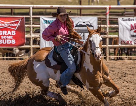 A barrel racer riders her horse full speed to the next barrel.The rodeo in Cottonwood, California is a popular event on Mother's Day weekend in this small northern California town. This photo was taken in May, 2014.
