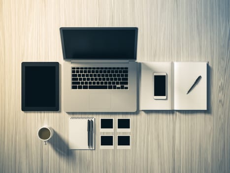 High angle view of a setting table of business workplace, shot in office, home work space