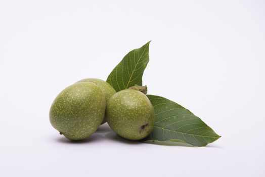 Unripe walnuts on white background