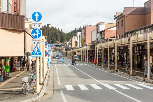 Takayama, Japan - December 24, 2015 : Street in Takayama old town. With traffic sign on December 24, 2015 in Takayama, Japan.