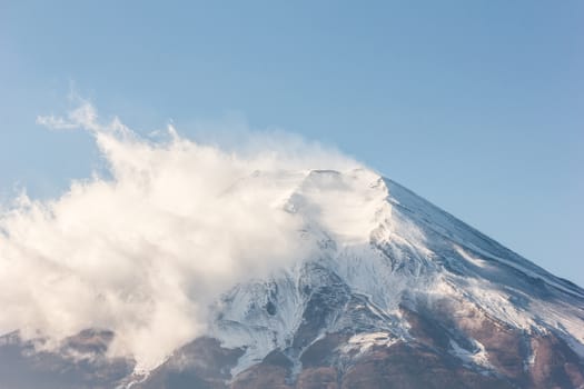 Peak of Fuji mountain with snow and cloud.