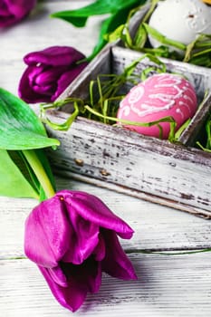 Decorated Easter eggs in wooden box with straw,is decorated with tulips