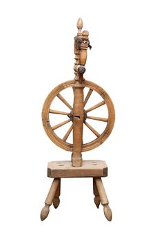 Nice ancient wooden spinning wheel on white background. Isolated with clipping path