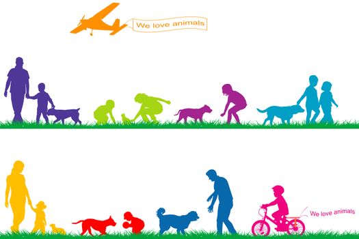 Colored silhouettes of people and animals playing in park