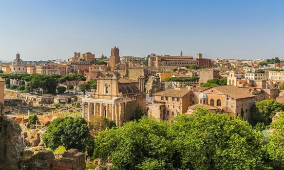 Panoramic view of the Roman Forum. View from the hill Palatine