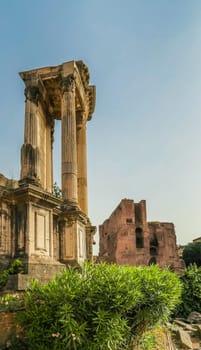 Ancient ruins in Roman Forum, Rome, Italy. Colonnade and historical monuments