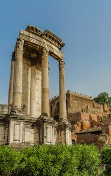 Ancient ruins in Roman Forum, Rome, Italy. Colonnade and historical monuments
