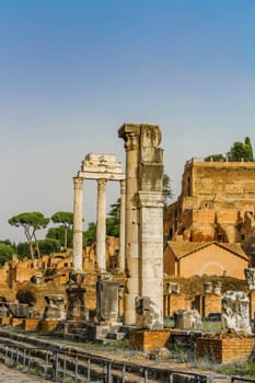 Ancient ruins in Roman Forum, Rome, Italy. Colonnade and historical monuments