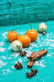 Christmas composition with mulled wine and tangerines