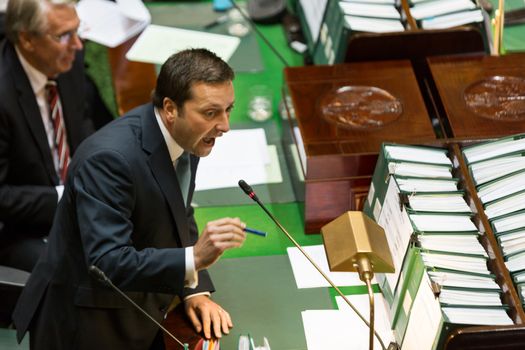 MELBOURNE/AUSTRALIA - FEBRUARY 9: The leader of the Opposition, Matthew Guy turns the heat up on Daniel Andrews over policy as parliament resumes for 2016.