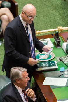 MELBOURNE/AUSTRALIA - FEBRUARY 9: The Deputy leader of the Opposition, Hon. David Hidgett grills the government over the long summer V/Line cancellations in the first question time for 2016.