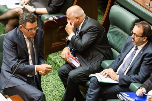 MELBOURNE/AUSTRALIA - FEBRUARY 9: State Premier, Daniel Andrews discusses tactics with his senior ministers in question time, as parliament resumes in 2016.