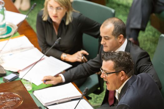 MELBOURNE/AUSTRALIA - FEBRUARY 9: State Premier Daniel Andrews defends Gover Policy in Level Crossings in Auestion Time.