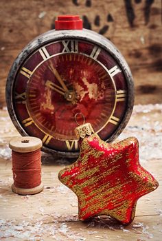 Christmas decoration clock and toys in vintage style