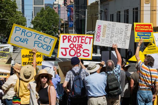 MELBOURNE/AUSTRALIA - FEBRUARY 9: Anti CSG protesters gather outside Parliament house in Melbourne to rally against Coal Seam Gas mining on February 9 - coinciding with the opening of Parliament.