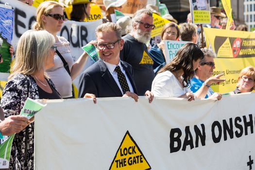 MELBOURNE/AUSTRALIA - FEBRUARY 9: Anti CSG protesters gather outside Parliament house in Melbourne to rally against Coal Seam Gas mining on February 9 - coinciding with the opening of Parliament.