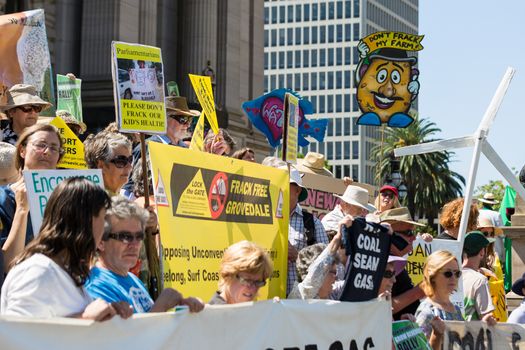 MELBOURNE/AUSTRALIA - FEBRUARY 9: Anti CSG protesters gather outside Parliament house in Melbourne to rally against Coal Seam Gas mining on February 9 - coinciding with the opening of Parliament.