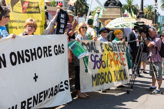 MELBOURNE/AUSTRALIA - FEBRUARY 9: Anti CSG protesters gather outside Parliament house in Melbourne to rally against Coal Seam Gas mining on February 9 - coinciding with the opening of Parliament.