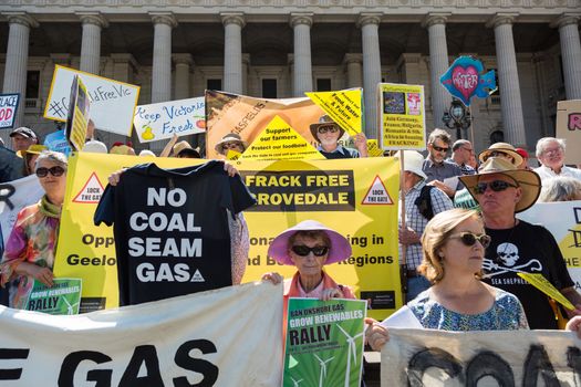 MELBOURNE/AUSTRALIA - FEBRUARY 9: Anti CSG protesters gather outside Parliament house in Melbourne to rally against Coal Seam Gas mining on February 9 - coinciding with the opening of Parliament.