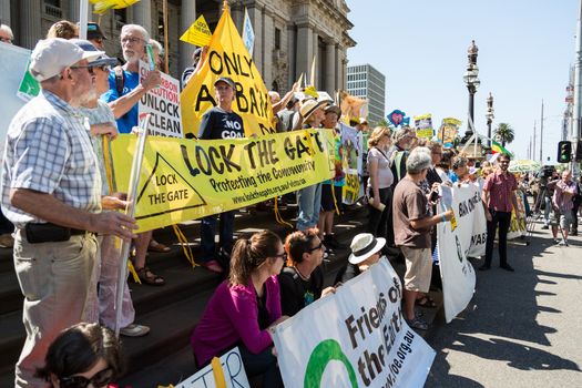 MELBOURNE/AUSTRALIA - FEBRUARY 9: Anti CSG protesters gather outside Parliament house in Melbourne to rally against Coal Seam Gas mining on February 9 - coinciding with the opening of Parliament.