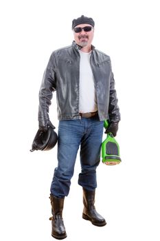 Smiling single middle aged male in sunglasses, jeans and leather jacket proudly holding helmet with hoverboard