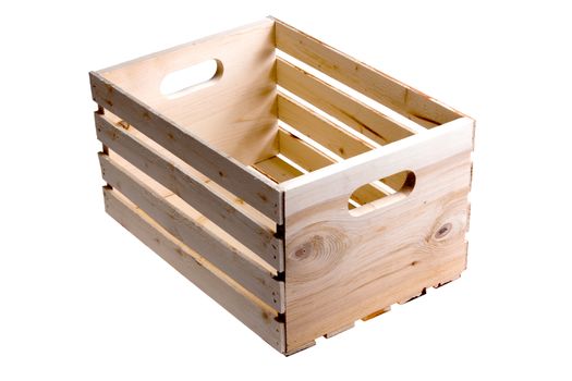 Single empty wood slatted crate used to carry fruit or vegetables over isolated white background