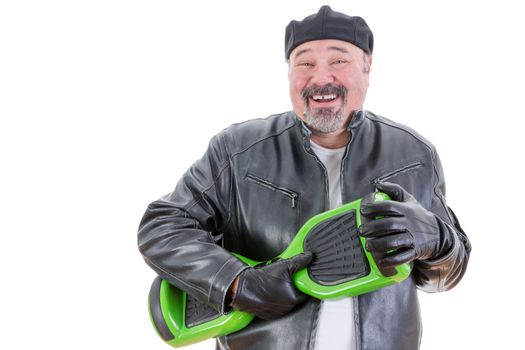 Laughing bearded middle aged overweight single man holding green and black hoverboard over white background