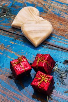 gifts in packaging and wooden hearts for Valentine's Day