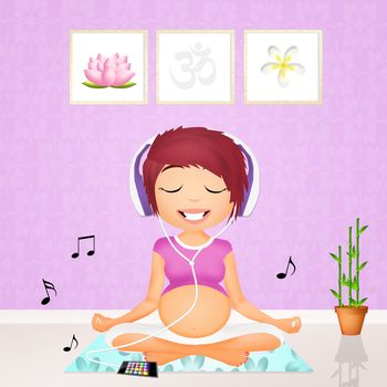 a pregnant woman doing yoga with music