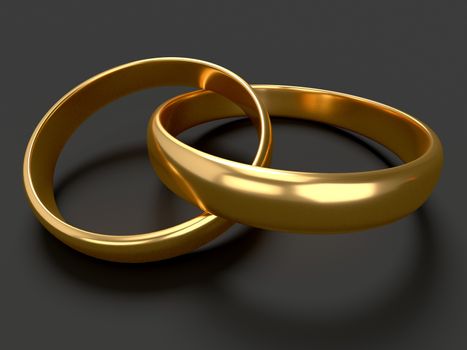 Heart with two connected gold wedding rings on black