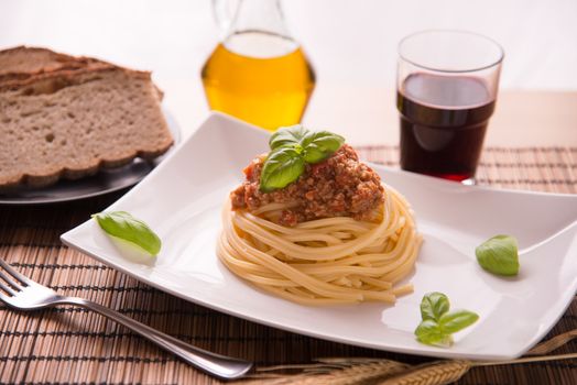 Italian spaghetti dressed with Bolognese vegan sauce