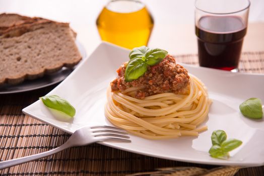 Italian spaghetti dressed with Bolognese vegan sauce