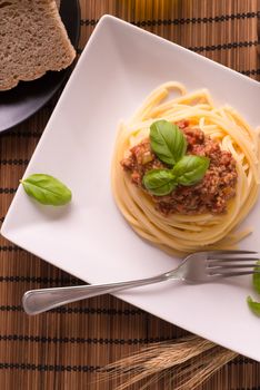 Italian spaghetti dressed with Bolognese vegan sauce