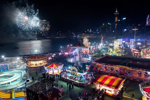 Hong Kong: Chinese New year fireworks in Victoria Harbour Hong Kong as seen over The Great European Carnival on February 9, 2016.