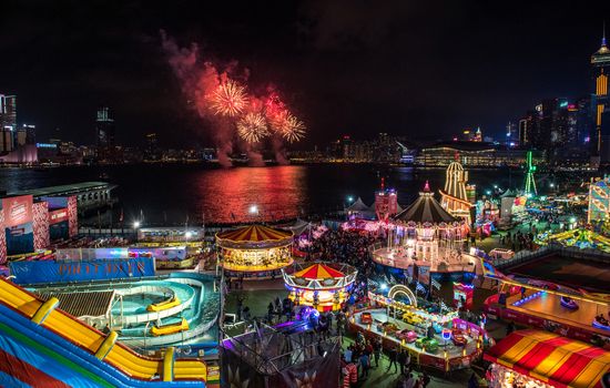Hong Kong: Chinese New year fireworks in Victoria Harbour Hong Kong as seen over The Great European Carnival on February 9, 2016.