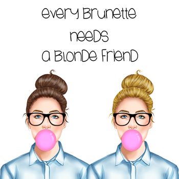 Hand drawn illustration of a blonde and a brunette girl with eye glasses