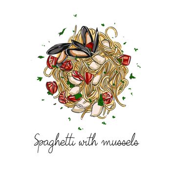 Hand Drawn illustration of Spaghetti with tomatoes and mussels