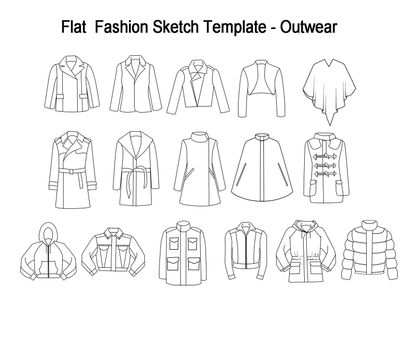 Collection Set of techincal and Industrial Flat fashion template - Library of coats and outwear