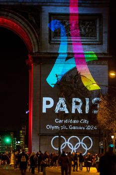 FRANCE, Paris: The logo for Paris as a candidate for the 2024 Olympics Games is projected onto the Arc de Triomphe in Paris on February 9, 2016.