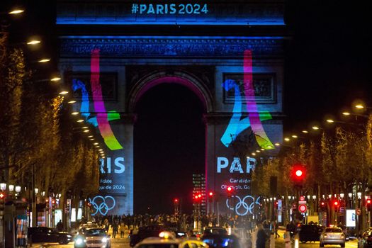 FRANCE, Paris: The logo for Paris as a candidate for the 2024 Olympics Games is projected onto the Arc de Triomphe in Paris on February 9, 2016.